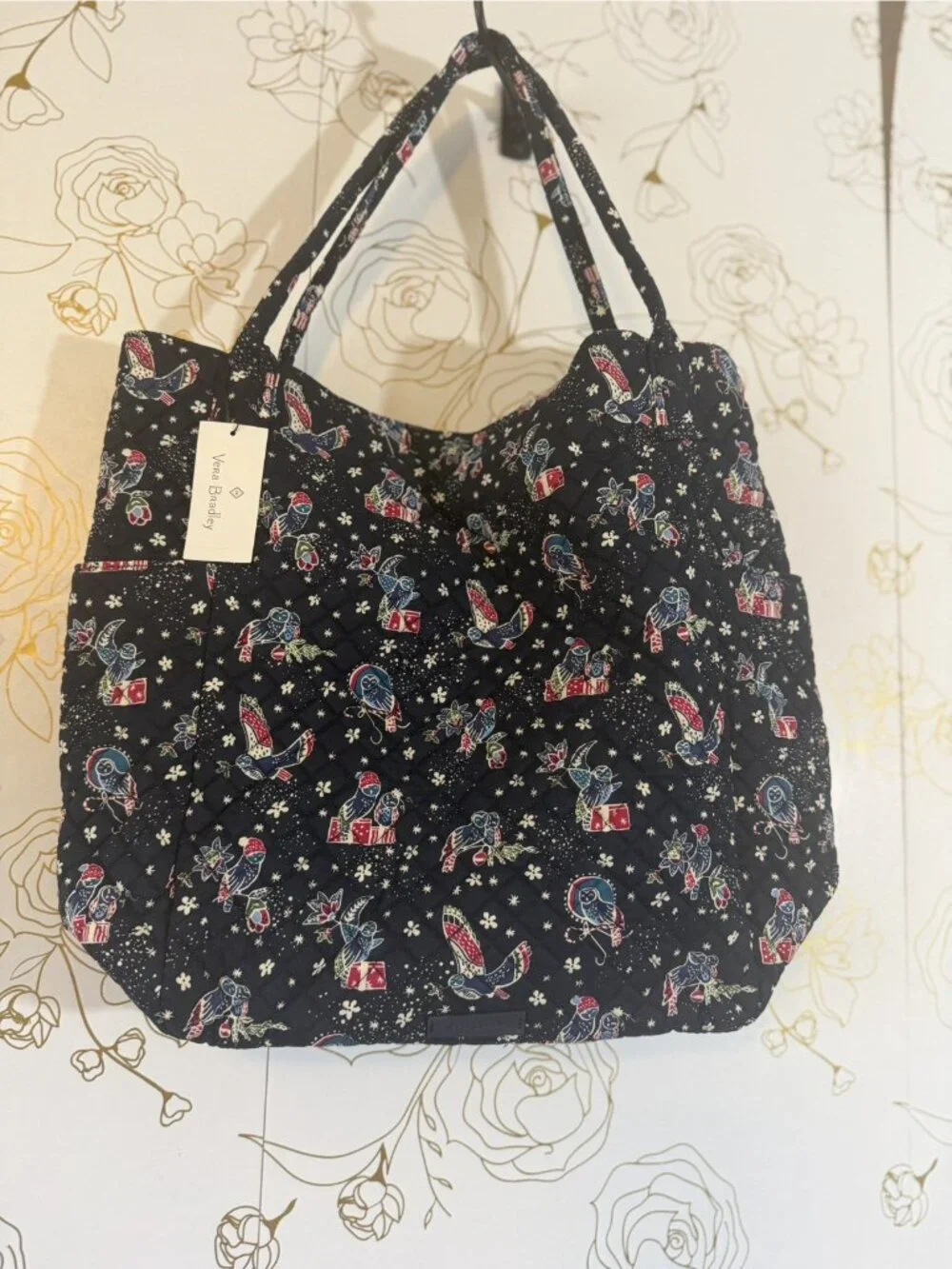 Vera Bradley Holiday Owls Large Tote Navy Background RETIRED NEW